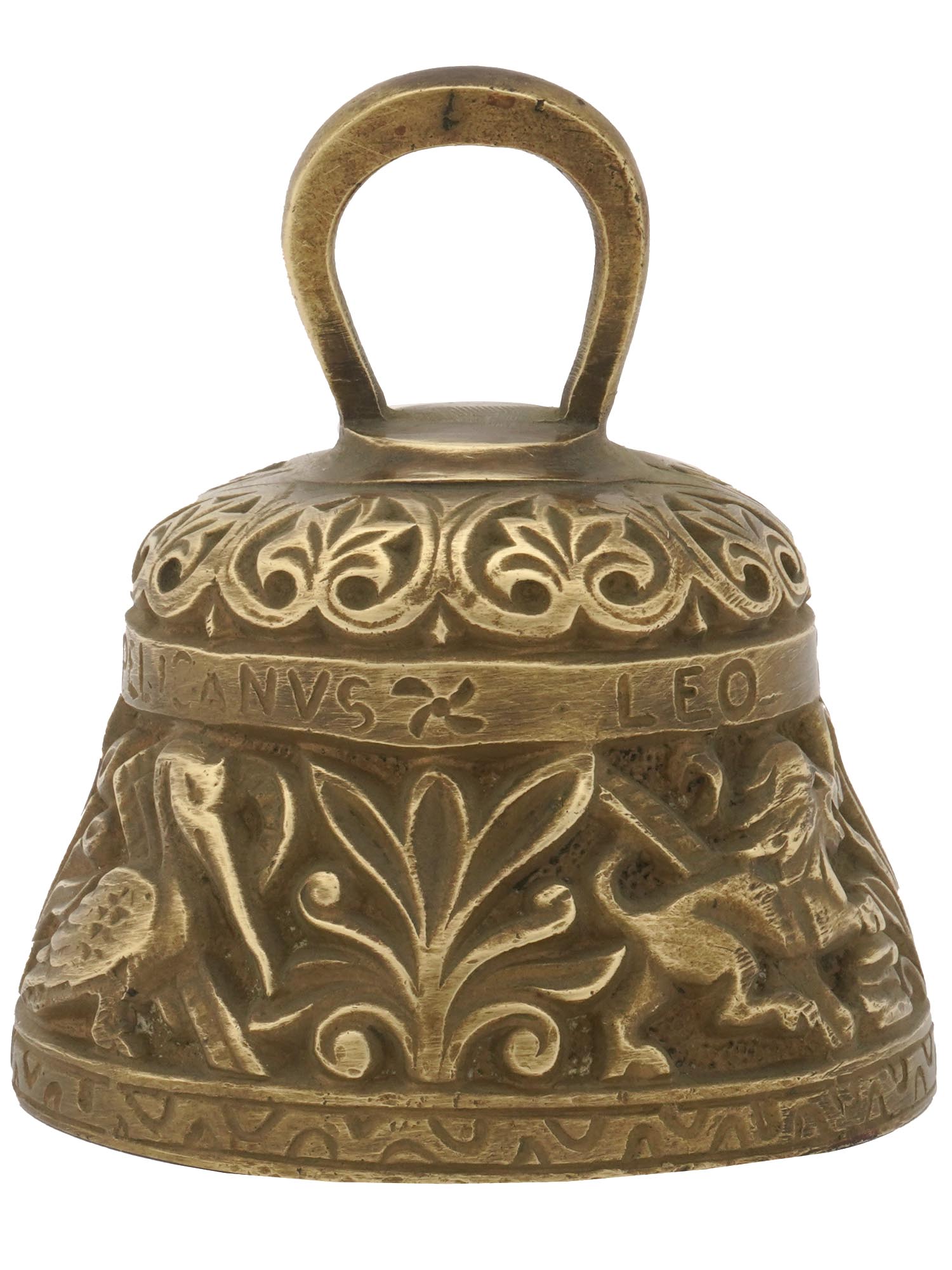 CAST BRONZE CHURCH HAND BELL WITH ANIMAL RELIEF PIC-2